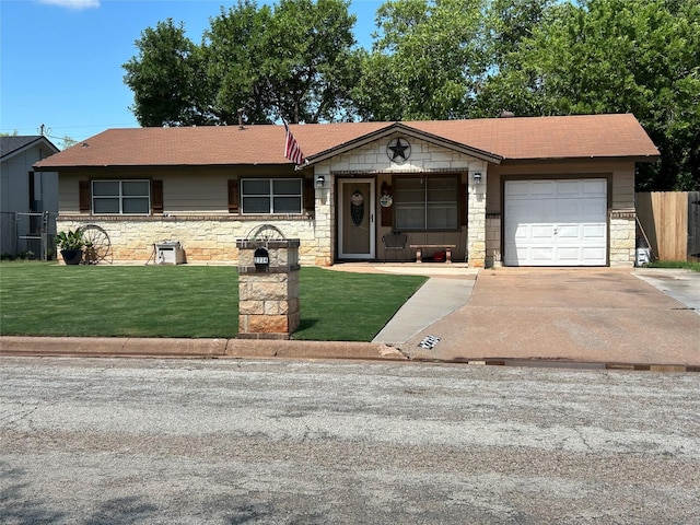 2334 Glendale Dr, Abilene, TX 79603 - ranch-style house with stone siding, an attached garage, driveway, and roof with shingles