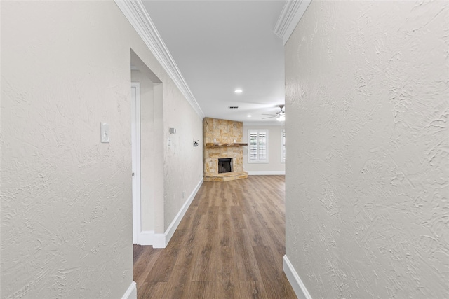 1458 Foxwood Ln, Rockwall, TX 75032 - hallway with ornamental molding, baseboards, wood finished floors, a textured wall, and recessed lighting