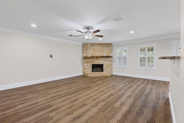 1458 Foxwood Ln, Rockwall, TX 75032 - unfurnished living room with a fireplace, crown molding, ceiling fan, baseboards, and wood finished floors