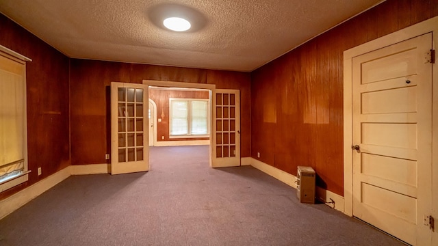 224 Pecan St, Dublin, TX 76446 - carpeted spare room with french doors, a textured ceiling, wooden walls, and baseboards