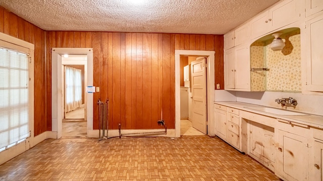 224 Pecan St, Dublin, TX 76446 - kitchen featuring a sink, light countertops, white cabinetry, wooden walls, and a textured ceiling