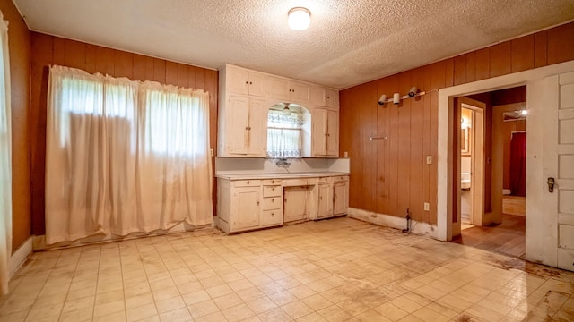 224 Pecan St, Dublin, TX 76446 - kitchen with wood walls, light countertops, a textured ceiling, and light floors