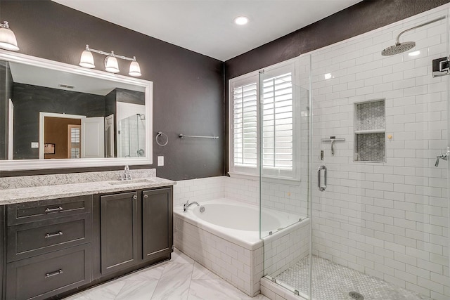 12225 Vienna Apple Rd, Fort Worth, TX 76244 - full bathroom featuring a shower stall, marble finish flooring, vanity, a bath, and recessed lighting