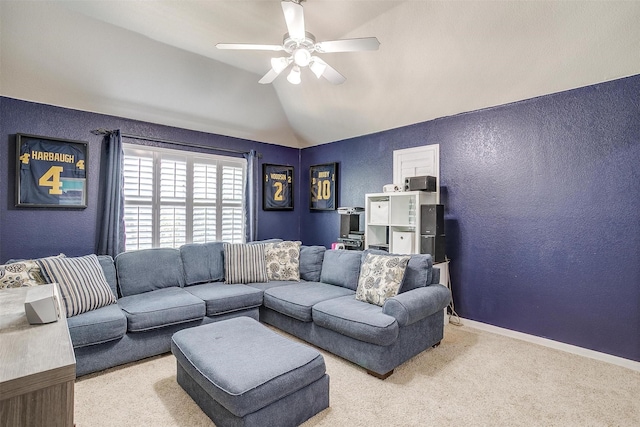 12225 Vienna Apple Rd, Fort Worth, TX 76244 - living area featuring a textured wall, a ceiling fan, vaulted ceiling, and carpet floors