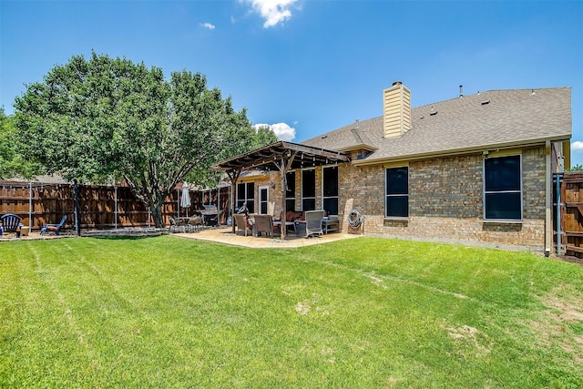 12225 Vienna Apple Rd, Fort Worth, TX 76244 - back of house with a patio area, a fenced backyard, a chimney, a shingled roof, and brick siding
