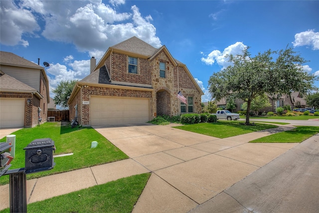 189 Charleston Ln, Fate, TX 75189 - traditional-style home with brick siding, a chimney, driveway, a garage, and cooling unit