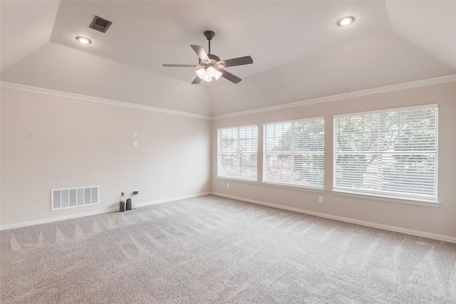 8008 Craftsbury Ln, Mckinney, TX 75071 - unfurnished room featuring ceiling fan, carpet flooring, vaulted ceiling, recessed lighting, and crown molding