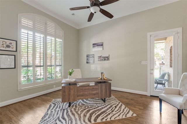 8008 Craftsbury Ln, Mckinney, TX 75071 - office area with healthy amount of natural light, wood finished floors, crown molding, and ceiling fan