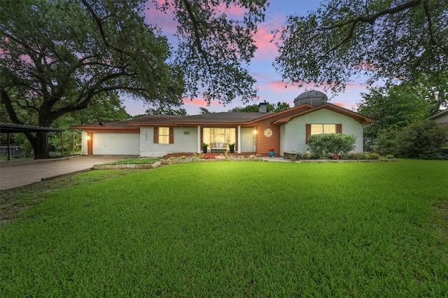1700 N Preston St, Ennis, TX 75119 - ranch-style house with concrete driveway, an attached garage, a yard, a chimney, and brick siding