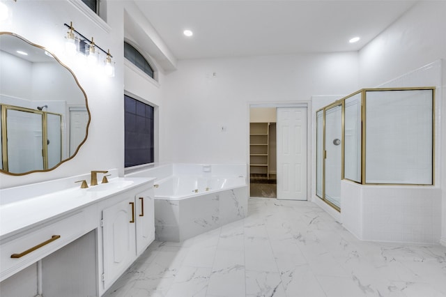 3612 Waynoka Dr, Carrollton, TX 75007 - bathroom with a bath, vanity, a stall shower, marble finish flooring, and recessed lighting