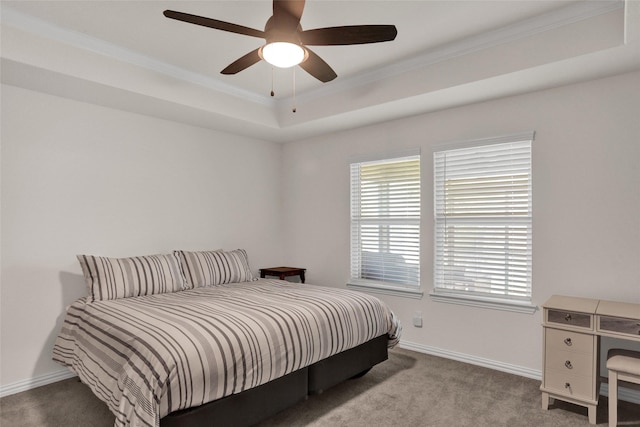 7668 Monument Dr, Little Elm, TX 76227 - carpeted bedroom with crown molding, a raised ceiling, and ceiling fan
