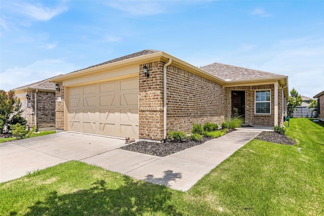 7668 Monument Dr, Little Elm, TX 76227 - ranch-style home with brick siding, an attached garage, a front yard, driveway, and roof with shingles