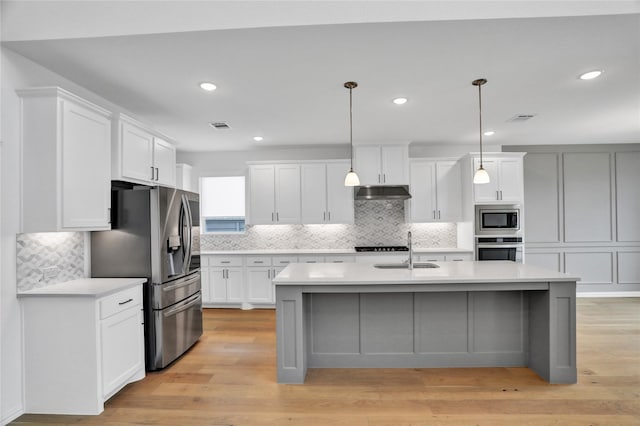 545 Oakmoss St, Little Elm, TX 76227 - kitchen featuring appliances with stainless steel finishes, under cabinet range hood, light countertops, tasteful backsplash, and white cabinetry