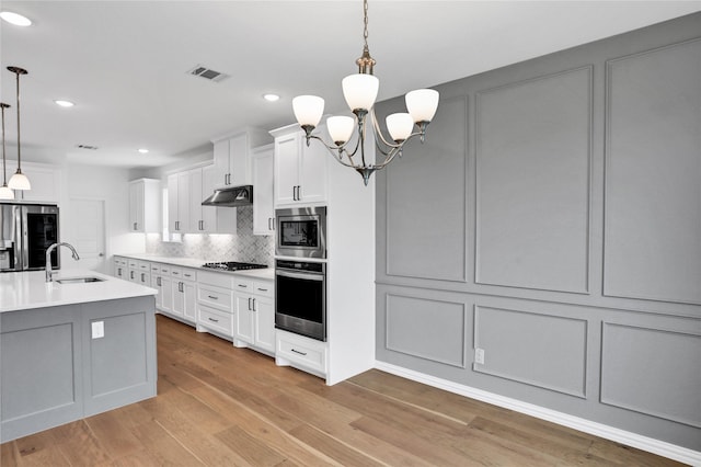 545 Oakmoss St, Little Elm, TX 76227 - kitchen featuring appliances with stainless steel finishes, under cabinet range hood, a chandelier, tasteful backsplash, and light wood-style floors