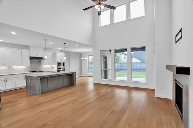 545 Oakmoss St, Little Elm, TX 76227 - kitchen with under cabinet range hood, healthy amount of natural light, ceiling fan, white cabinetry, and a high ceiling