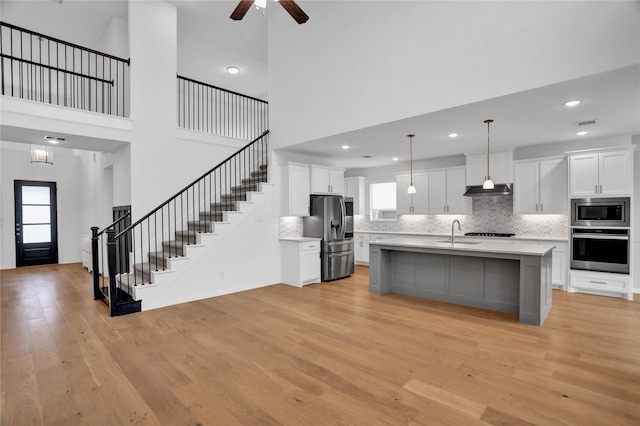 545 Oakmoss St, Little Elm, TX 76227 - kitchen featuring appliances with stainless steel finishes, healthy amount of natural light, light wood-style flooring, light countertops, and a high ceiling