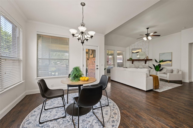 1021 Tara Dr, Burleson, TX 76028 - dining room with healthy amount of natural light, a chandelier, wood finished floors, baseboards, and lofted ceiling