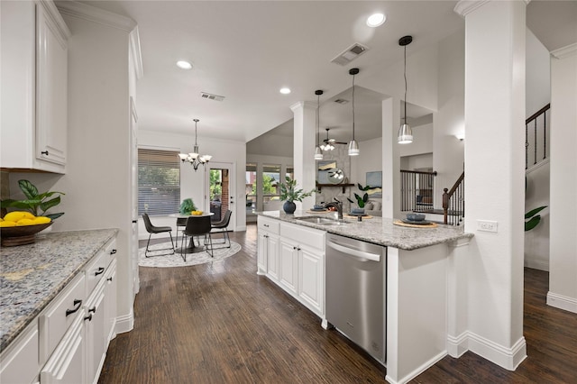 1021 Tara Dr, Burleson, TX 76028 - kitchen with dishwasher, dark wood-style floors, white cabinetry, light stone counters, and recessed lighting