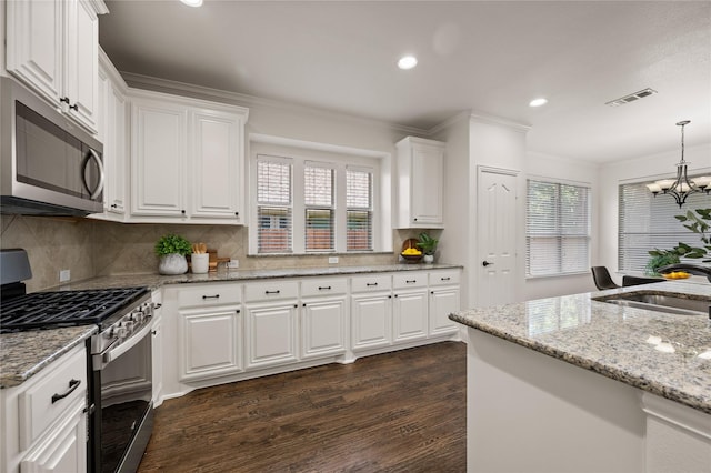 1021 Tara Dr, Burleson, TX 76028 - kitchen featuring stainless steel appliances, ornamental molding, dark wood-style floors, white cabinetry, and tasteful backsplash