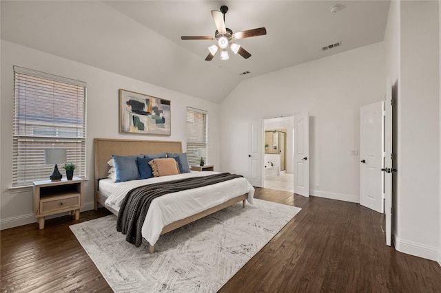 1021 Tara Dr, Burleson, TX 76028 - bedroom with vaulted ceiling, dark wood-style floors, and ceiling fan