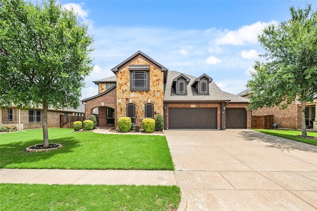 1021 Tara Dr, Burleson, TX 76028 - french country inspired facade featuring driveway, a garage, brick siding, and stone siding