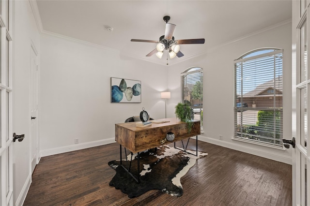 1021 Tara Dr, Burleson, TX 76028 - office with ornamental molding, dark wood finished floors, and a ceiling fan
