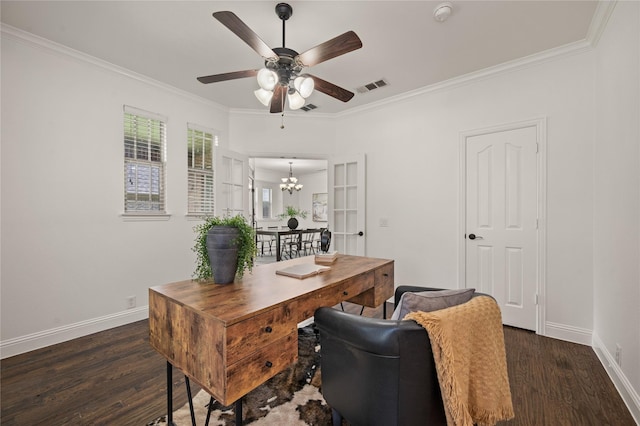 1021 Tara Dr, Burleson, TX 76028 - office featuring crown molding, wood finished floors, ceiling fan, and a chandelier