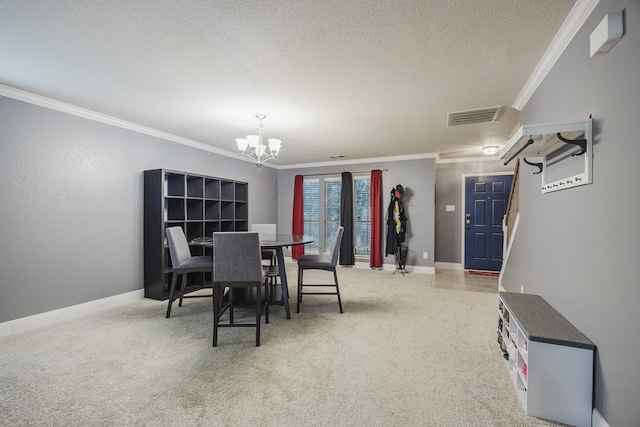 3428 Baby Doe Ct, Fort Worth, TX 76137 - dining room featuring ornamental molding, a chandelier, a textured ceiling, baseboards, and carpet flooring