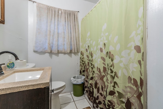 1213 Pine St, Grand Prairie, TX 75050 - bathroom with toilet, tile patterned flooring, vanity, and curtained shower