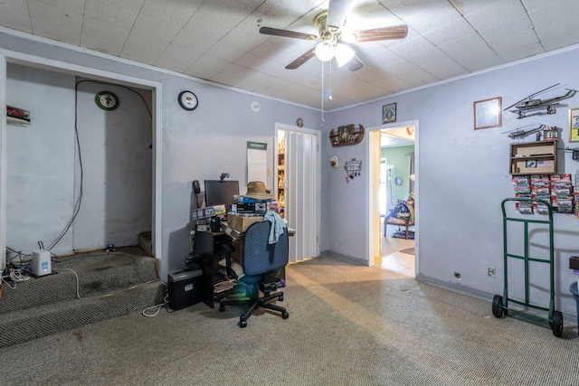 1213 Pine St, Grand Prairie, TX 75050 - carpeted office featuring a ceiling fan and ornamental molding