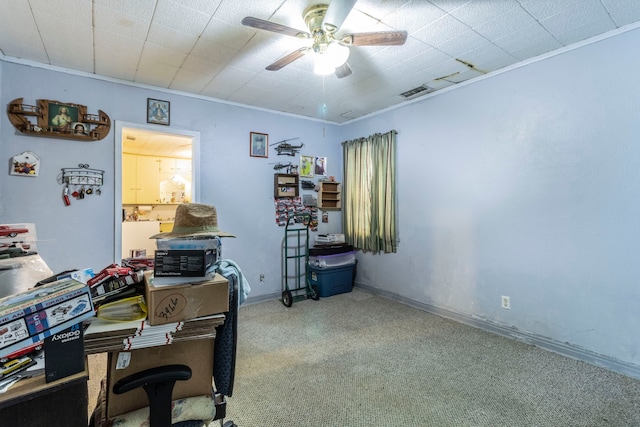 1213 Pine St, Grand Prairie, TX 75050 - office with ceiling fan, ornamental molding, carpet floors, and baseboards