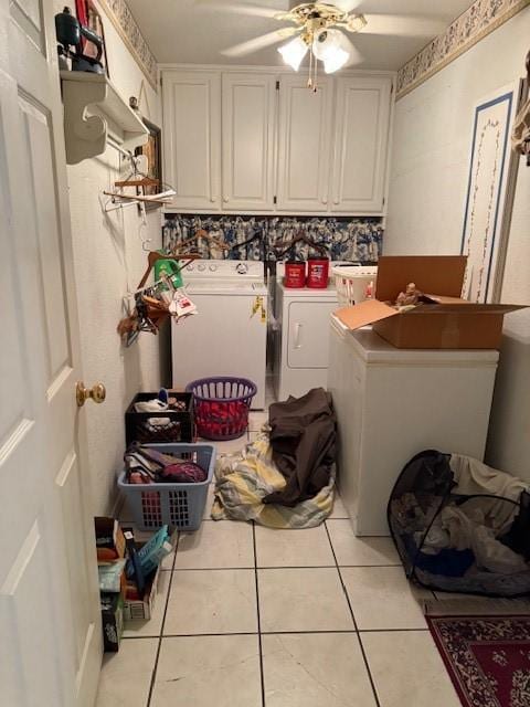 502 E College St, Leonard, TX 75452 - laundry room with independent washer and dryer, cabinet space, ceiling fan, and light tile patterned floors