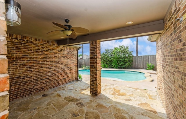 7310 Waterbury Dr, Rowlett, TX 75089 - view of pool with ceiling fan, a fenced backyard, and a patio