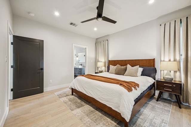 1921 Washington Ave, Fort Worth, TX 76110 - bedroom featuring light wood-style flooring, recessed lighting, ceiling fan, and ensuite bathroom