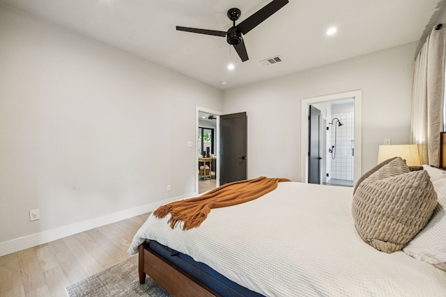 1921 Washington Ave, Fort Worth, TX 76110 - bedroom with wood finished floors, recessed lighting, a ceiling fan, and ensuite bath