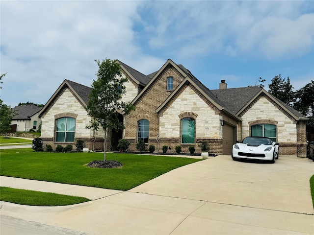 701 Winecup Way, Midlothian, TX 76065 - french provincial home featuring stone siding, concrete driveway, a front lawn, and an attached garage