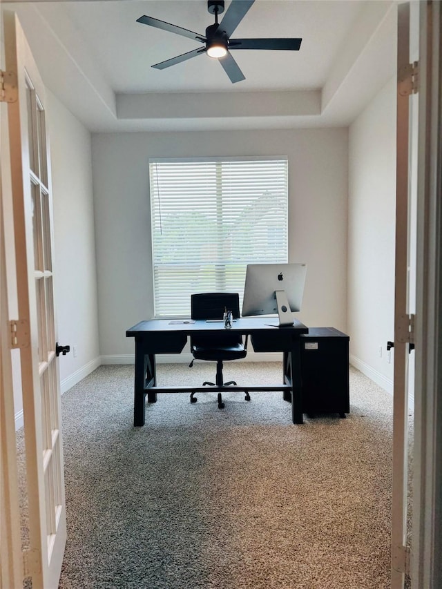 701 Winecup Way, Midlothian, TX 76065 - office area with a ceiling fan, carpet floors, a tray ceiling, and baseboards