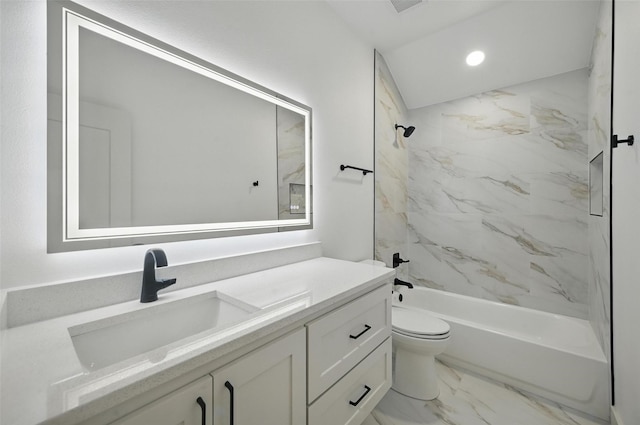 5334 Blackmore Ave, Fort Worth, TX 76107 - bathroom featuring vanity, toilet, marble finish floors, shower / bath combination, and recessed lighting