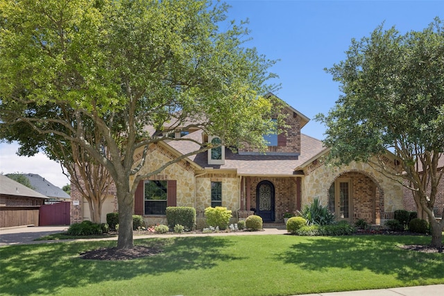 2610 Stonybrook Dr, Prosper, TX 75078 - view of front of house with stone siding, a shingled roof, and brick siding