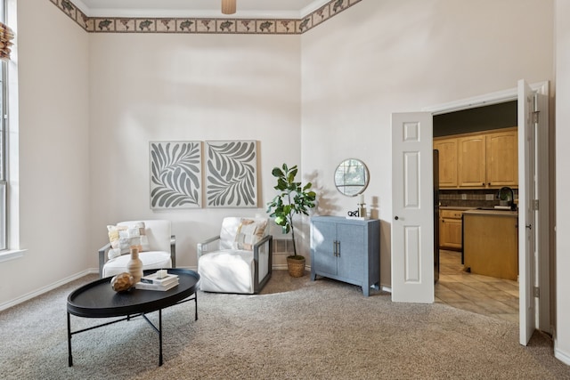 5321 Joe Wilson Rd, Midlothian, TX 76065 - sitting room with light carpet, a towering ceiling, and ceiling fan
