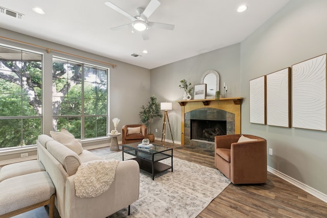 5321 Joe Wilson Rd, Midlothian, TX 76065 - living area with plenty of natural light, a fireplace, wood finished floors, ceiling fan, and recessed lighting