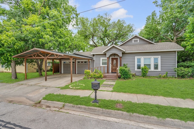 211 Second St, Denton, TX 76201 - view of front of house featuring a carport, a garage, a front yard, a shingled roof, and concrete driveway