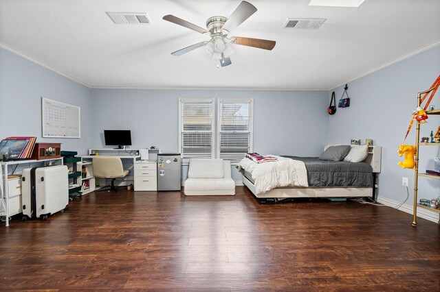 211 Second St, Denton, TX 76201 - bedroom featuring ornamental molding, an office area, wood finished floors, and a ceiling fan