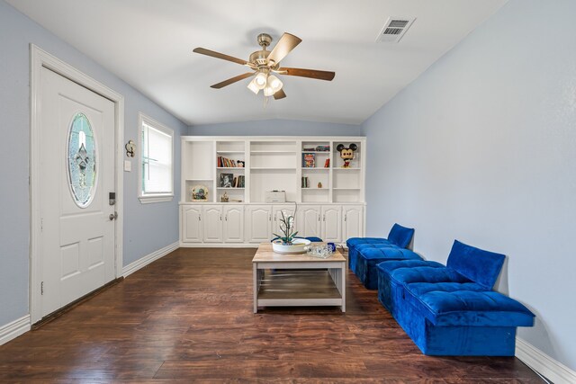 211 Second St, Denton, TX 76201 - entrance foyer featuring a ceiling fan, vaulted ceiling, and dark wood finished floors