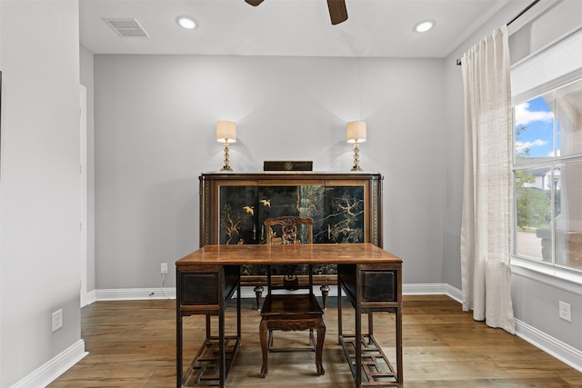 1924 Grey Bark St, Fort Worth, TX 76008 - dining area featuring wood finished floors, ceiling fan, and recessed lighting
