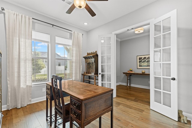 1924 Grey Bark St, Fort Worth, TX 76008 - dining area with french doors, a ceiling fan, light wood-type flooring, crown molding, and recessed lighting