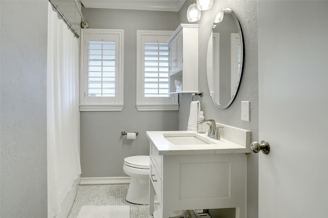 3609 Rogers Ave, Fort Worth, TX 76109 - full bathroom featuring vanity, ornamental molding, tile patterned floors, and a shower with shower curtain