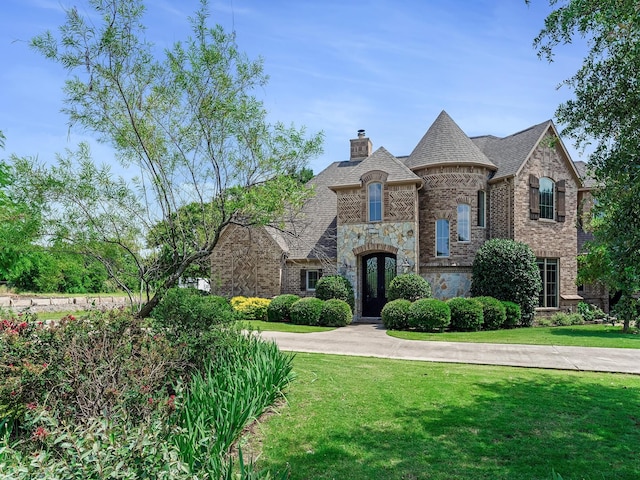 1016 Lighthouse Ct, Grand Prairie, TX 75104 - french country style house with a chimney, a front yard, stone siding, and brick siding