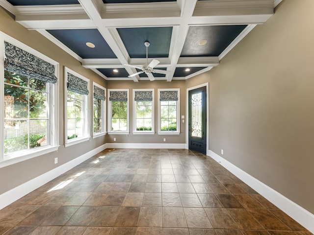 1016 Lighthouse Ct, Grand Prairie, TX 75104 - empty room with a ceiling fan, beamed ceiling, and coffered ceiling