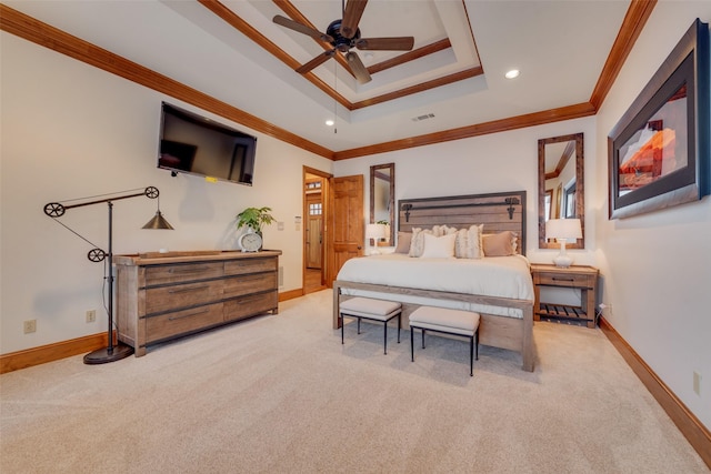 12624 Lake Shore Ct N, Fort Worth, TX 76179 - bedroom with a raised ceiling, carpet flooring, crown molding, recessed lighting, and a ceiling fan